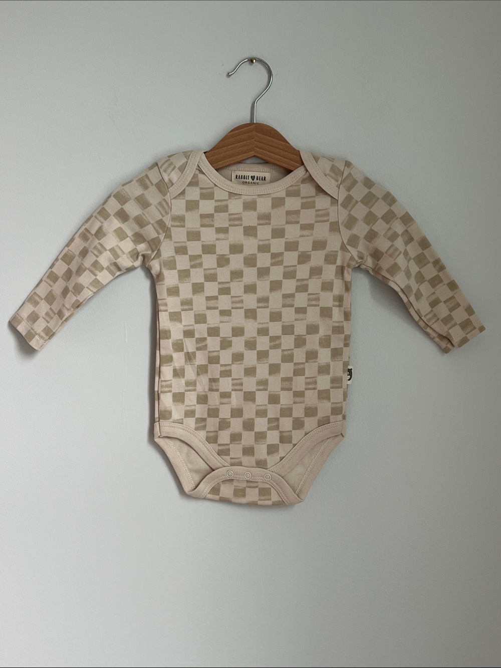Rabbit + Bear | Beige Check Long-Sleeve Baby One-Piece